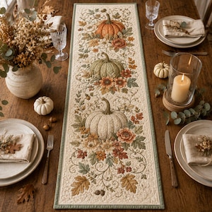 Puede incluir: Un camino de mesa acolchado rectangular con fondo color crema y un patrón repetitivo de calabazas naranjas, verdes y blancas rodeadas de hojas de otoño, flores y enredaderas, acabado con un borde de color verde salvia.