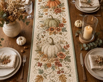 May include: A rectangular quilted table runner featuring a cream-colored background with a repeating pattern of orange, green, and white pumpkins surrounded by autumn leaves, flowers, and vines, finished with a sage green border trim.