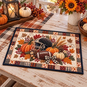 Quilted Football Placemat, Fall Autumn Pumpkin Game Day Dining Table Decor