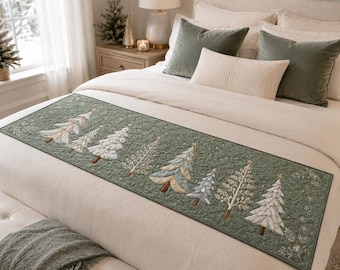 Quilted Christmas Tree Bed Runner, Winter Holiday Bed Scarf Decor