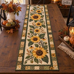 May include: A rectangular quilted table runner featuring a central vertical pattern of yellow sunflowers, green leaves, and wheat stalks on a cream background, framed by a border of small green and yellow squares with a dark green outer edge.