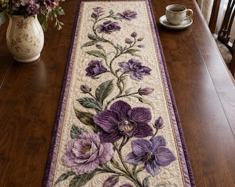Quilted Purple Orchid Table Runner, Floral Table Decor