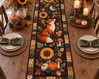 Woodland Fox Sunflower Quilted Table Runner, Fall Forest Dining Decor