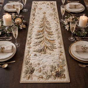 Elegant Christmas Tree Table Runner, Luxury Gold Holiday Dining Decor, Quilted Style Linen