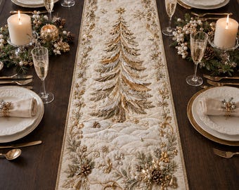 Elegant Christmas Tree Table Runner, Luxury Gold Holiday Dining Decor, Quilted Style Linen