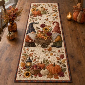 Peut inclure: Un chemin de table matelassé rectangulaire à fond crème avec un motif sur le thème de l'automne. Le design présente deux gnomes tirant une charrette en bois remplie de tournesols et de citrouilles, entourés de feuilles d'automne et lanternes.