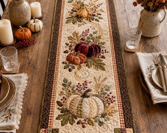 Autumn Harvest Pumpkin Quilted-Style Table Runner, Thanksgiving Farmhouse Decor