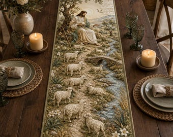 Tafelloper met Jezus-motief en quiltwerk, decoratie voor de Goede Herder