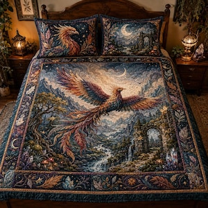 Könnte beinhalten: Eine Steppdecke und zwei passende Kissenbezüge mit einem leuchtenden Phönix im Flug über einer Landschaft mit Bergen, einem Fluss und Steinbögen. Das Design umfasst tiefe Blau-, Lila- und Orangetöne mit himmlischen Elementen wie einem Halbmond.