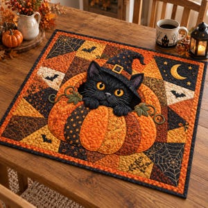 May include: A square quilted fabric mat featuring a central orange pumpkin with a black cat wearing a witch hat peeking out. The background pattern includes black and orange geometric shapes, spiderwebs, bats, and a crescent moon design.