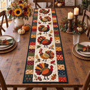 May include: A rectangular quilted table runner featuring a central cream-coloured panel decorated with a repeating pattern of colourful fabric turkeys, acorns, and autumn leaves, bordered by a patchwork design of various fall-themed fabric squares.