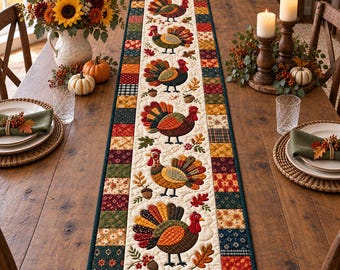 Thanksgiving Turkey Quilted Table Runner, Autumn Harvest Dining Decor