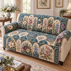 May include: A quilted sofa cover featuring a deep blue background with cream-colored arched panels. Each panel displays detailed botanical illustrations of various flowers and ferns in shades of pink, purple, blue, and green.