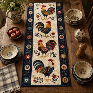 May include: A rectangular quilted table runner featuring four colorful roosters in shades of red, blue, and yellow on a cream background, bordered by a dark blue fabric with circular floral patterns and intricate swirling quilted stitching details.