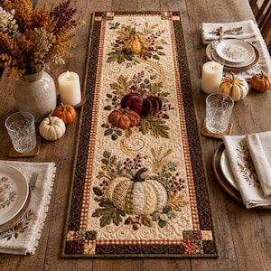 Pode incluir: Um caminho de mesa retangular acolchoado com um design de tema outonal, apresentando abóboras, folhas de outono e bagas aplicadas em tons de laranja, vermelho, verde e creme, contornado por um tecido castanho escuro com padrão xadrez.