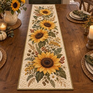 May include: A rectangular quilted table runner featuring a printed pattern of large yellow sunflowers, white daisies, green leaves, and wheat stalks on a cream background. The fabric has a textured, stitched surface with a green border trim.