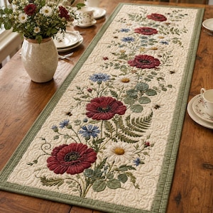 May include: A rectangular quilted table runner featuring an off-white background with an embroidered floral pattern of red poppies, white daisies, and blue cornflowers, accented by green fern leaves and small bees, finished with a sage green border.