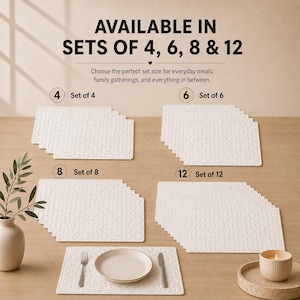 May include: White rectangular placemats with a textured surface, available in sets of 4, 6, 8, and 12. The image displays the text AVAILABLE IN SETS OF 4, 6, 8 & 12, along with a single placemat featuring a plate, fork, and knife for demonstration.