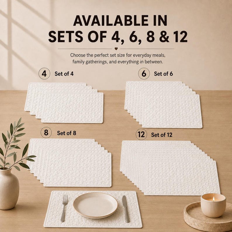 May include: White rectangular placemats with a textured surface, available in sets of 4, 6, 8, and 12. The image displays the text AVAILABLE IN SETS OF 4, 6, 8 & 12, along with a single placemat featuring a plate, fork, and knife for demonstration.