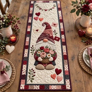 May include: A rectangular quilted table runner featuring a central gnome holding a basket of flowers, surrounded by embroidered hearts, envelopes, and floral sprigs on a cream background with a dark red and pink patchwork border design.