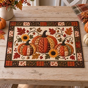 May include: A rectangular quilted placemat featuring a central design of three fabric pumpkins in shades of orange, brown, and gold. The pumpkins are surrounded by appliqued sunflowers, autumn leaves, and acorns, all framed by a patchwork border.