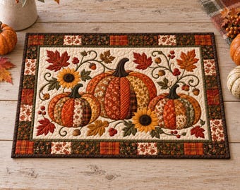 May include: A rectangular quilted placemat featuring a central design of three fabric pumpkins in shades of orange, brown, and gold. The pumpkins are surrounded by appliqued sunflowers, autumn leaves, and acorns, all framed by a patchwork border.
