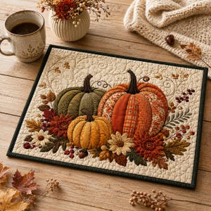 May include: A rectangular fabric placemat featuring a quilted design of three pumpkins in green, orange, and yellow, surrounded by appliqued autumn leaves, flowers, and berries on a cream-coloured background with a dark border.
