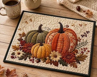 Quilted Fall Pumpkin Placemat, Thanksgiving Harvest Floral Table Mat