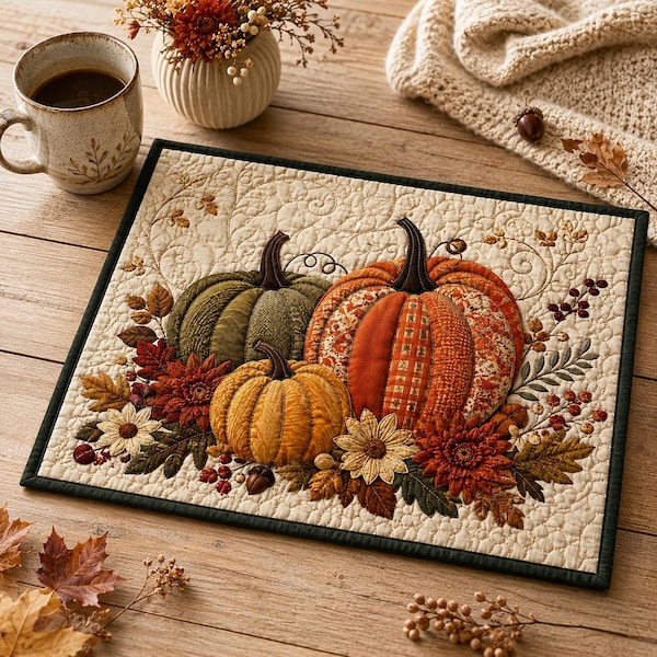 Quilted Fall Pumpkin Placemat, Thanksgiving Harvest Floral Table Mat