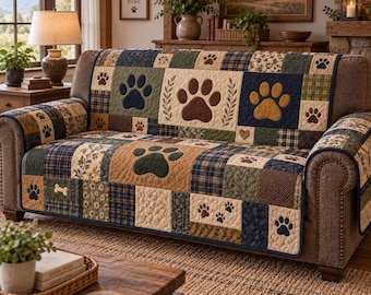 Funda acolchada rústica con estampado de huellas de perro para sofá, manta para muebles de estilo rústico para mascotas.