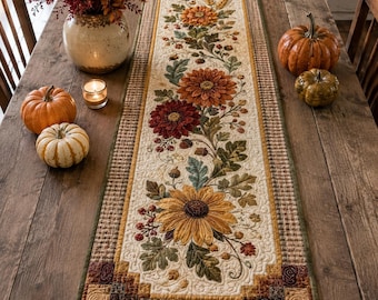 Quilted Sunflower Fall Table Runner, Autumn Floral Thanksgiving Decor, Rustic Harvest Gift