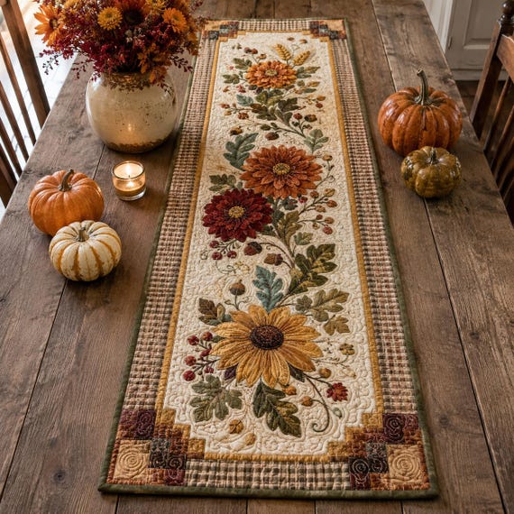 Quilted Sunflower Fall Table Runner, Autumn Floral Thanksgiving Decor, Rustic Harvest Gift