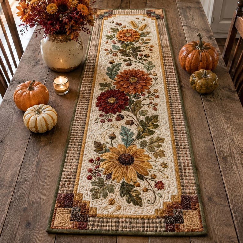 May include: A rectangular quilted table runner featuring an embroidered floral pattern with sunflowers, dahlias, and autumn leaves in shades of orange, red, and gold. The runner has a cream-colored center with a brown and tan checkered border.