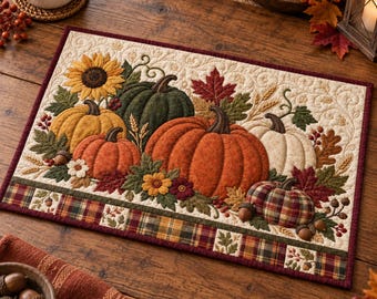 May include: A rectangular fabric placemat featuring a quilted autumn scene with various pumpkins in orange, green, and white, a yellow sunflower, red maple leaves, and acorns. The border displays a plaid pattern with small leaf and acorn motifs.