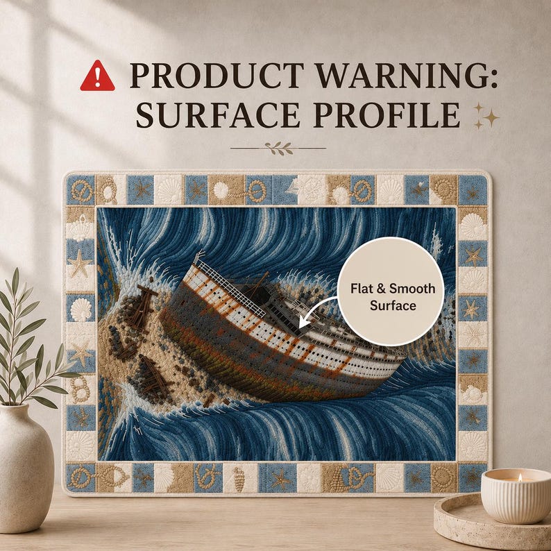 May include: A rectangular mat featuring a shipwreck illustration in deep blue waves, surrounded by a border of alternating tan and blue squares with seashell and rope motifs. Text reads: PRODUCT WARNING: SURFACE PROFILE and Flat & Smooth Surface.
