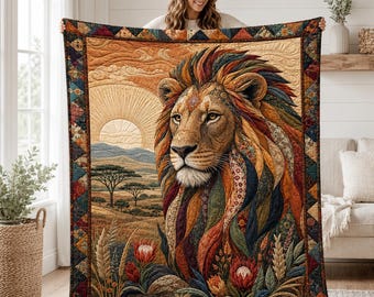 Quilted Lion Blanket, Safari Wildlife Quilt