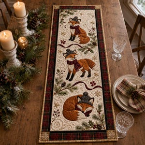May include: A rectangular quilted table runner featuring a cream-colored center panel with three embroidered foxes wearing grey hats and maroon scarves, surrounded by pine branches and berries, framed by a dark red and green plaid border.