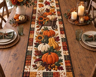 Fall Pumpkin Harvest Quilted Table Runner, Rustic Autumn Dining Decor