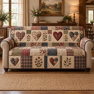 May include: A sofa cover featuring a patchwork design with alternating squares of cream, navy blue, and deep red. The pattern includes quilted heart shapes, floral motifs, and plaid textures, providing a full-coverage textile layer for a sofa.