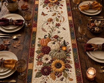 May include: A rectangular quilted table runner featuring a cream-colored center with an embroidered autumn motif of sunflowers, pumpkins, fall leaves, a butterfly, and a lantern, bordered by a multi-colored patchwork pattern of squares.