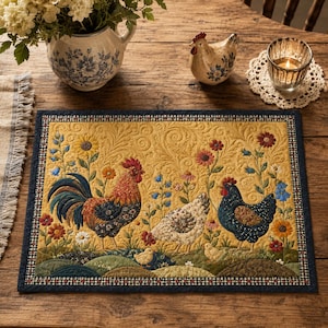 May include: A rectangular quilted placemat featuring a golden yellow background with a scene of a rooster, a hen, and two chicks surrounded by colourful flowers. The placemat has a dark blue border with a small black and white checkered pattern.