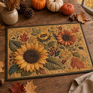 May include: A rectangular quilted placemat featuring a golden yellow background with embroidered sunflowers, dark green leaves, and red maple leaves. The fabric has intricate swirling stitch patterns and a dark green border trim.