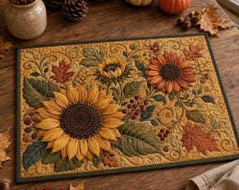 Quiltad bordsunderlägg med solrosmotiv, bordsunderlägg med höstmotiv och blommotiv