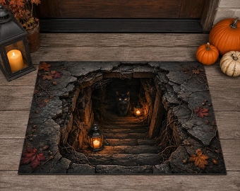 Optical Illusion Halloween Doormat, Spooky Black Cat Welcome Mat