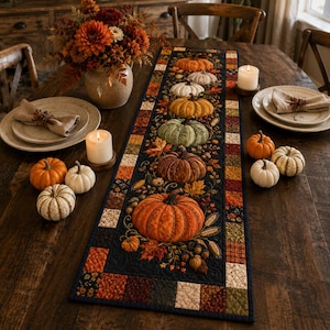 May include: A rectangular fabric table runner featuring a central black panel decorated with a vertical row of quilted pumpkins in shades of orange, green, and brown, surrounded by a border of small, multi-coloured patchwork fabric squares.