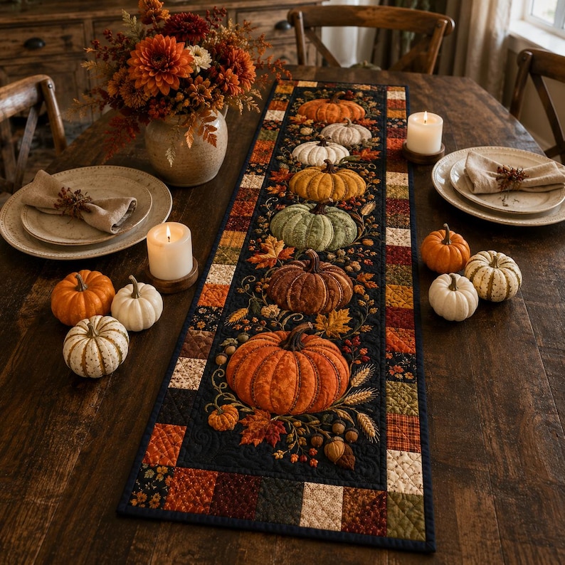 May include: A rectangular fabric table runner featuring a central black panel decorated with a vertical row of quilted pumpkins in shades of orange, green, and brown, surrounded by a border of small, multi-coloured patchwork fabric squares.