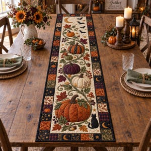 May include: A rectangular fabric table runner featuring a central cream-colored panel with a quilted design of pumpkins in orange, purple, and white, autumn leaves, mushrooms, bats, and a black cat, bordered by a patchwork of dark autumn patterns.