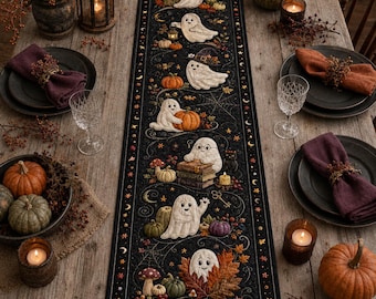 Halloween Ghost Table Runner, Spooky Fall Dining Decor, Quilted-Style Print