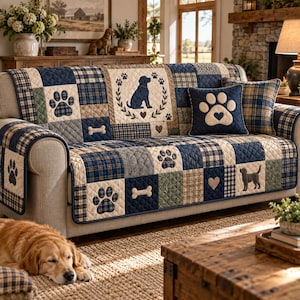 May include: A quilted sofa cover featuring a patchwork design in shades of navy blue, cream, and olive green. The pattern includes dog silhouettes, paw prints, bones, and heart shapes. A matching square throw pillow displays a large paw print.