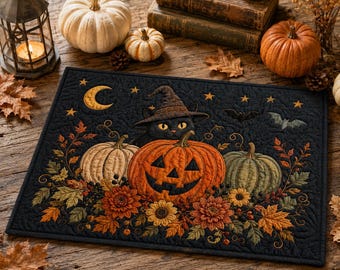 Quilted Halloween Black Cat Placemat, Spooky Witch Pumpkin Table Mat Fall Dining Decor
